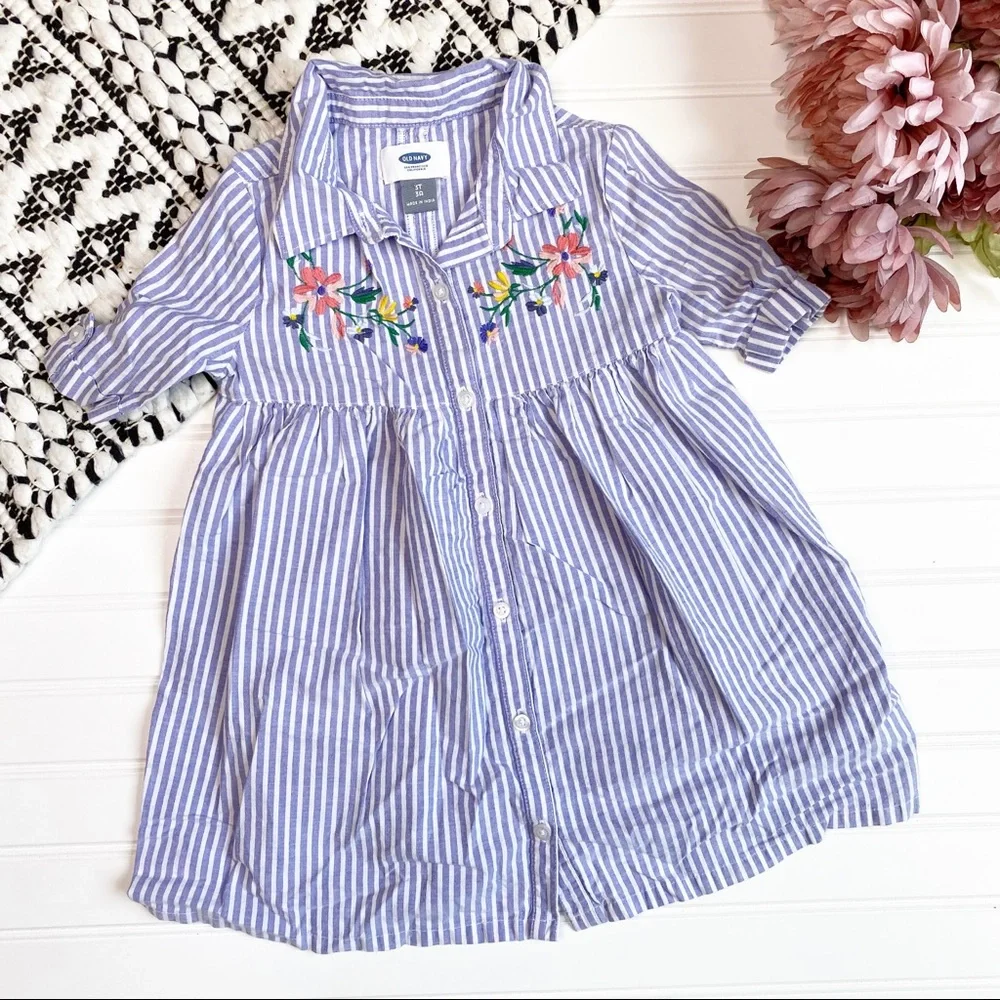 OLD NAVY Blue Striped Embroidered Button Dress